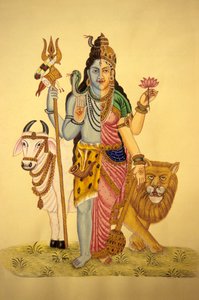 Gud Shiva i Ardnarees Wear Roop, miniatyrmålning på papper av School Indian