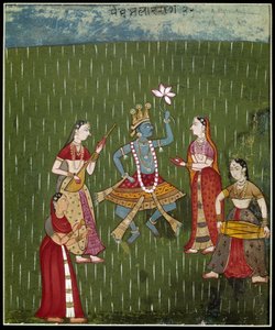 Gudinnan krishna dansar i regnet med musiker (miniatyr)