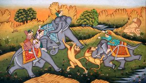 Jakt på tigrar på miniatyrmålning på papper av School Indian