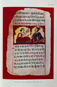 Illustration som visar en Rigveda-manuskriptsida (lito i färg)