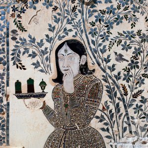 Inlägg dekorerad med en figur av tjänare, palats av Sawai Jai Singh II (1699-1744) av School Indian