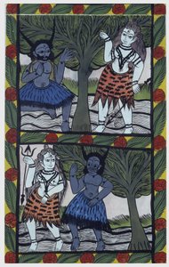 Kama, begärets gud, skickar en kärlekspil till Shiva i meditation, för att förenas med Parvati. Pat: målad rulle från Bengalregionen, som fungerar som ett berättande medium för sångarna Baoul (Baul). Leonard de Selva privat samling.