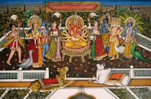 Lord Ganesh Ganpati med Brahma, Vishnu, Shiva, Durga, miniatyrmålning på papper av School Indian
