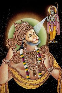 Lord Hanuman och Rama Miniatyrmålning på papper av School Indian