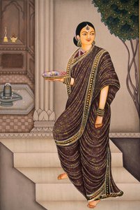 Marathi Lady Going To Temple Miniatyrmålning på papper av School Indian