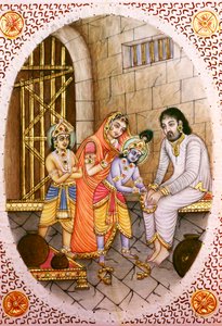 Elfenbensmålning i miniatyr av Krishna Balram och Devaki Vasudeva av School Indian