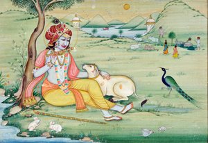 Miniatyrmålning av Krishna som spelar flöjt av School Indian