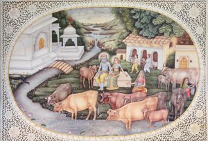 Miniatyr av Krishna, en mjölkpiga sittande på ett fält med boskap (akvarell på elfenben) av School Indian