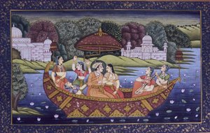 Mughal miniatyrmålning på papper, kunglig kärleksscen och njutande av musik i båt av School Indian