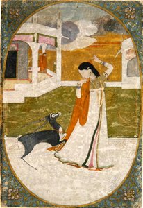Nayika med rådjur, Punjab Hills (täckande akvarell på papper) av School Indian