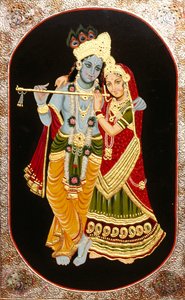 Målning av guden Krishna och hennes största tillbedjare Radha, Indien av School Indian
