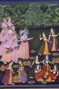 Bild på Krishna som leker Holi med Gopies (Nalkdwral Pichwai Chool), Indien av School Indian