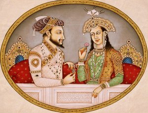 Porträtt av mogulkejsaren Shahjahan med drottning Mumtaz Mahal, Indien