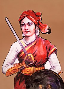 Porträtt av Rani Laxmibai, drottning av Jhansi, stor frihetskämpe under Indiens första självständighetskrig, det indiska myteriet 1857-58 (färglitografi)