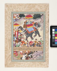 Prins som rider på en elefant i spetsen för sin armé (penselbläck, bladguld och gouache på papper) av School Indian