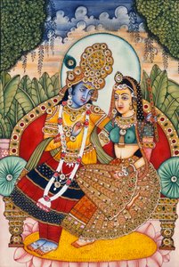 Radha Krishna miniatyrmålning på elfenben av School Indian