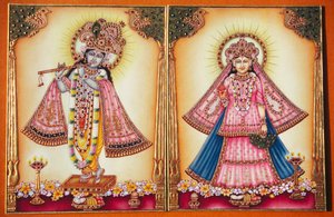 Radha Krishna miniatyrmålning på elfenben av School Indian