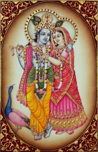 Radha Krishna miniatyrmålning på elfenben av School Indian