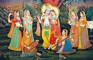 Radha Krishna med Sakhis Njut av musik av School Indian