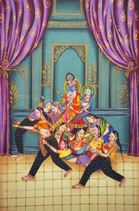 Radha Krishna med Sakhis Miniatyrmålning på papper av School Indian
