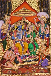 Ram Darbar Miniatyrmålning på papper med präglad av School Indian