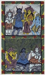 Shiva ger liv till Ganesha (Ganesh eller Ganapati), i famnen på sin mamma Parvati, efter att ha skurit hennes huvud till en arm av vrede. Pat: målad rulle från Bengal-regionen, som fungerar som ett berättande medium för musiker Baoul (eller baul). Leonard 