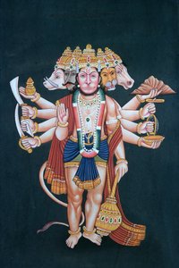 Shri Panchmukhi Hanuman (gouache och akvarell på papper) av School Indian