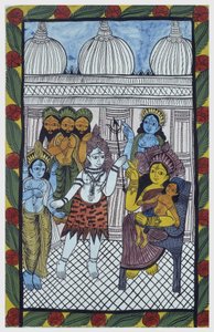 Gudarna kommer för att beundra Krishna, förkroppsligar i kroppen av ett vackert barn, Ganesha (Ganesh eller Ganapati) som sitter på knäna av sin mamma Parvati. Pat: målad rulle från Bengalregionen, som fungerar som ett berättande medium för sångarna Baoul  av School Indian