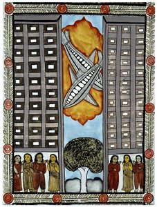 Historien om attackerna den 11 september 2001 berättad av köpmännen Baul från Bengalen, en illustration av planen som deltar i World Trade Center i New York. Målning, serie, nummer 3/9, Bengal. av School Indian