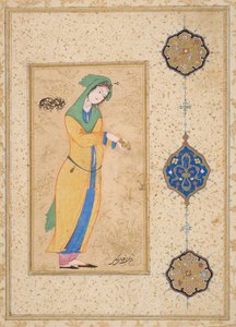 Houri står i en trädgård (ogenomskinlig akvarell på papper) av School Iranian