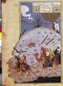Majnun tittar på striden mellan Nawfal och Lailas stam av iransk mästare. (Akvarell, Gouache, vit färg, bläck på papper av School Iranian