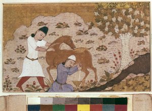 Onager Milking, sent 1400-tal (akvarell, gouache, vit färg, bläck på papper) av School Iranian