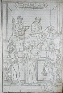 En läkare som besöker en patient, från "Fascilulus Medicinae" av Johannes de Ketham (d.c.1490) 15-1600-talet (träsnitt)