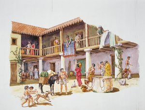 Forntida Aten - rekonstruktion av ett hus (färg litho) av School Italian