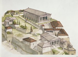 Forntida Aten - rekonstruktion av Akropolis, 500-talet f.Kr. (färg litho)