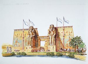 Forntida Thebe - rekonstruktion av statyerna av Amemhotep III, känd som Memnons kolosser, vid tiden för Ramses II (färg litho)