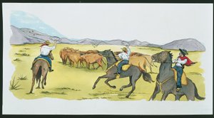 Argentina - gauchos samlar boskap i Pampas (färg litho) av School Italian