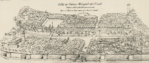 Fågelperspektiv av västra delen av staden Udine, gravyr, Italien av School Italian