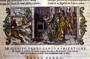 Bradamante träffar trollkarlen Melisse som berättar för henne att hon och Roger (Ruggero, Ruggiero) grundade Este-dynastin, scen hämtad från riddardikten "Orlando Furioso" (Den rasande Roland) av Ludovico Ariosto (1474 - 1533) dit L