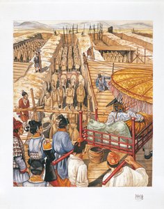Byggnad av kejsar Qin Shi Huang-Tis mausoleum, 300-talet f.Kr. (färg litho) av School Italian
