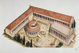 Ceremoniella cirkulära tholos och Asclepius tempel, Epidaurus, 300-talet f.Kr. (färg litho)