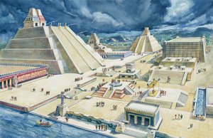 Moln över pyramiderna, Templo Mayor, Tenochtitlan, Mexico City, Mexico (färglitografi)