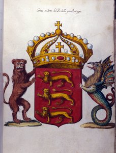 Den brittiska kungafamiljens vapen pryder en krona, ett lejon """""" och en fantastisk varelse. Statsarkivet, Milano av School Italian