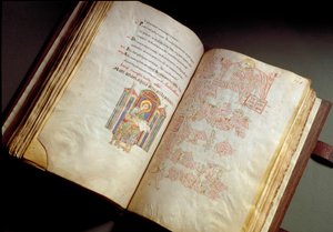 Evangelisk. Codex från klostret Farfa. (Ms. E 16 folii 149v. 150r.) Rom, Biblioteca Vallicelliana av School Italian