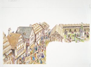 Frankrike, medeltid - rekonstruktion av vardagslivet i en by (färg litho) av School Italian