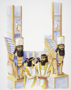 Nebukadnessar, kung av Babylon, med sin hustru Amytis av Media, dotter till kungen av media (färg litho)