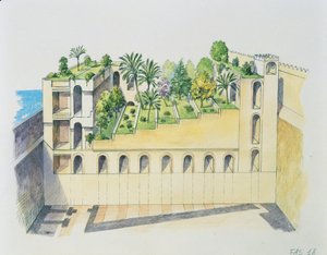 Nebukadnessars palats, Babylon, med hängande trädgårdar (färg litho)