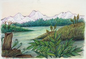 Förhistorisk - återuppbyggnad av naturlig miljö (färg litho) av School Italian