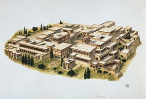 Rekonstruktion av Knossos Palace, Kreta, 1900-talet f.Kr. (färg litho)