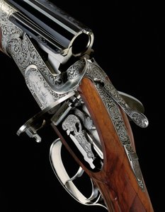 Torcoli och Ferrante-graverad 12-håls "måsvinge" över-och-under sidolås ejektorpistol av Flli. Bertuzzi (trä och metall) (se även 1109026-8) av School Italian